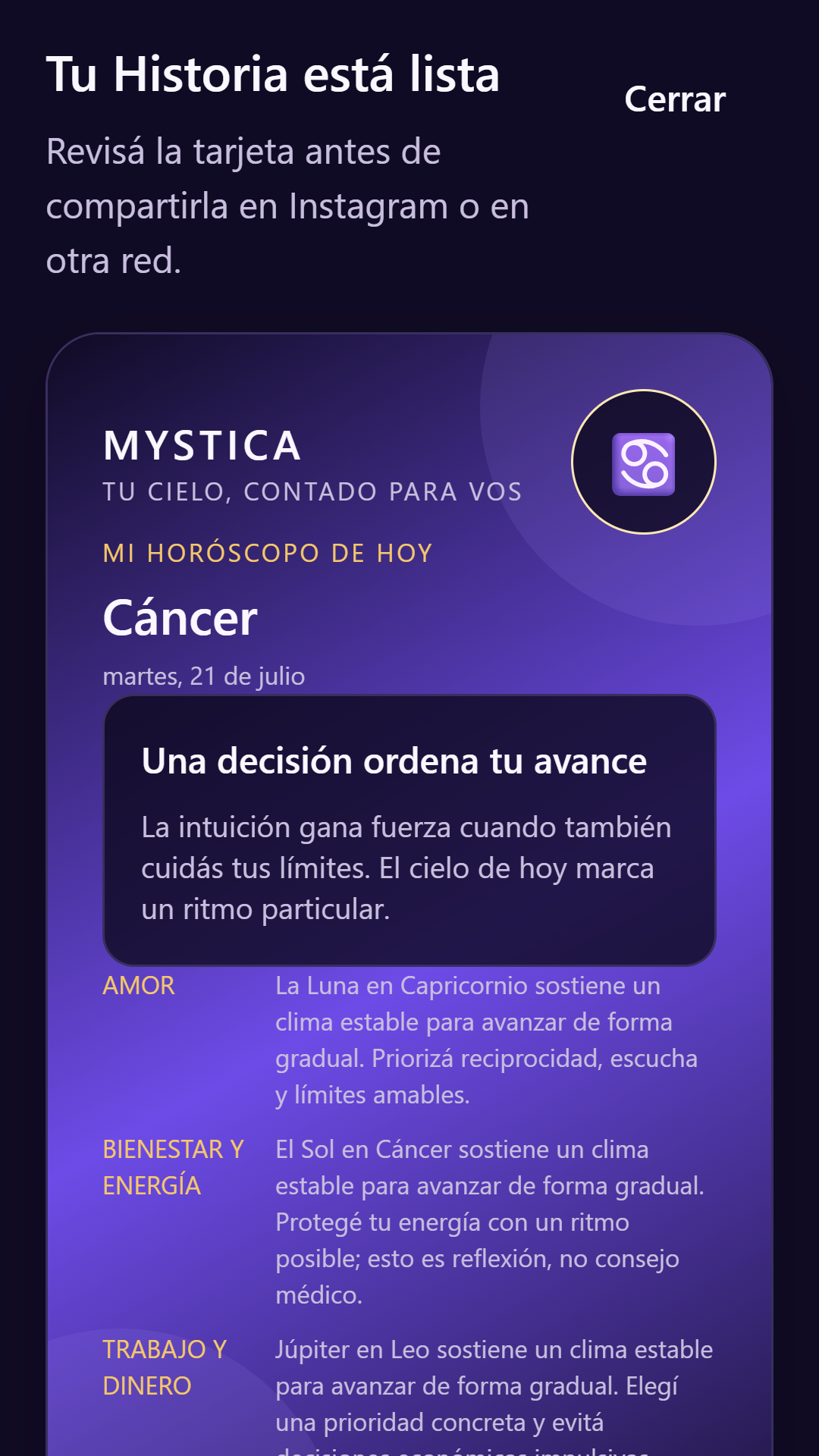 Vista previa de la tarjeta vertical para compartir una lectura de Mystica